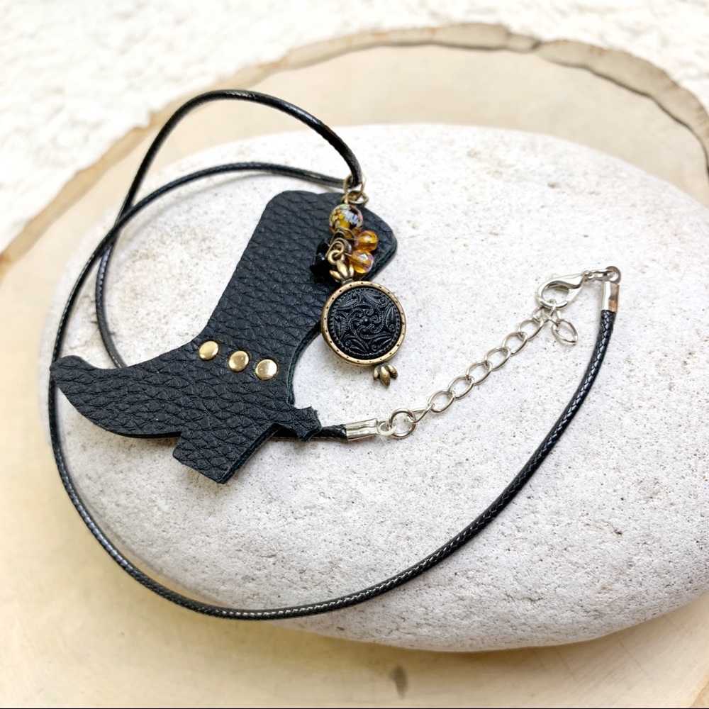 Black Leather Boot Pendant Necklace